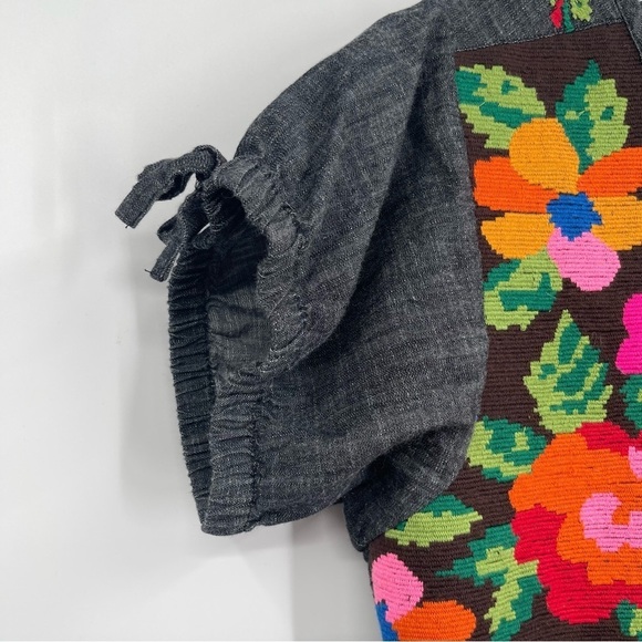 Free People Dress Women Size XS Floral Embroidered Chambray Mini Short Sleeve - Picture 7 of 12